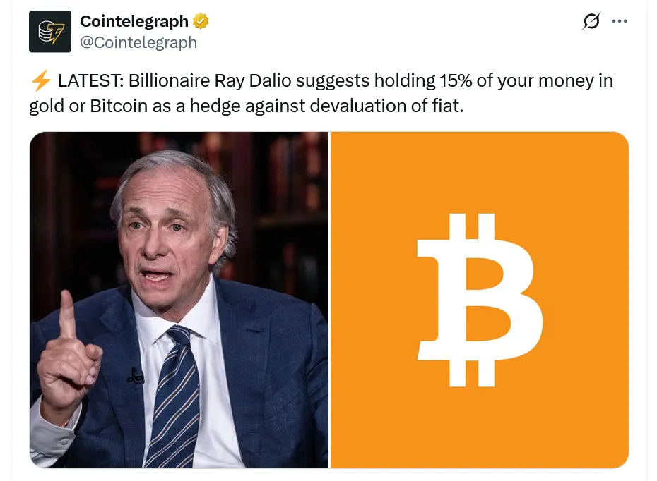 The rules for survival in the US debt frenzy! Dalio strongly recommends a 15% allocation of Bitcoin to gold